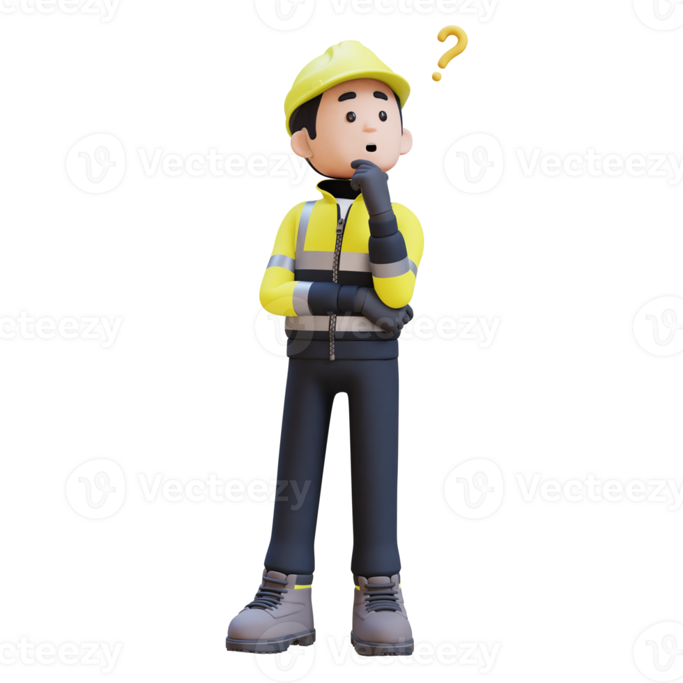 3D Construction Worker Character Confused and Thinking Pose png
