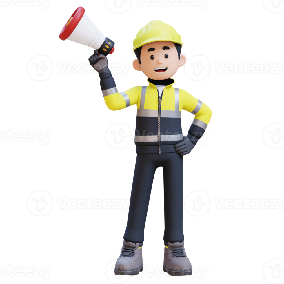 3D Construction Worker Character Holding Megaphone png