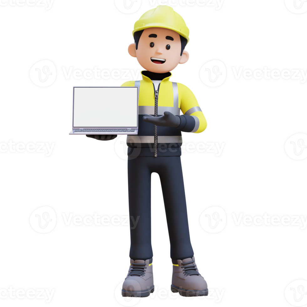 3D Construction Worker Character Presenting on Empty Computer Screen png