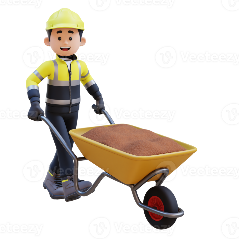3D Construction Worker Character Carrying Cement with Wheelbarrow png