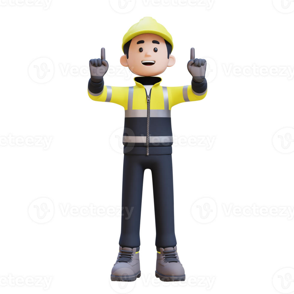 3D Construction Worker Character Pointing Upward png