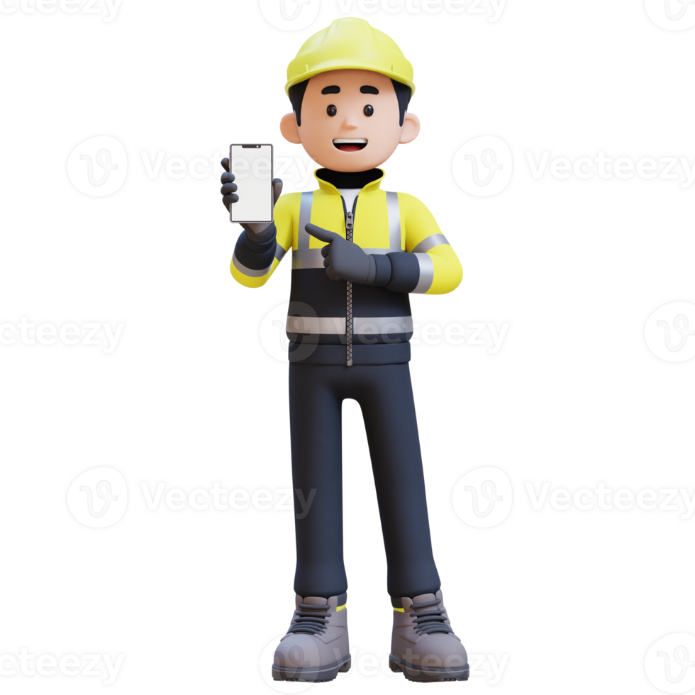 3D Construction Worker Character Pointing to Empty Phone Screen png