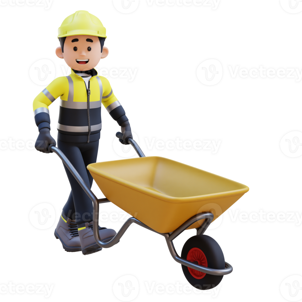3D Construction Worker Character Work on Wheelbarrow png