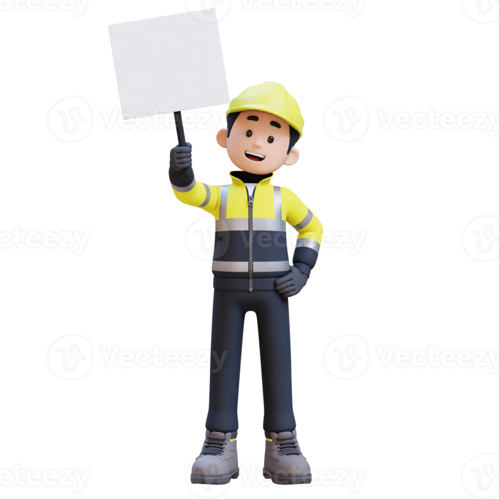3D Construction Worker Character Holding Empty Placard png