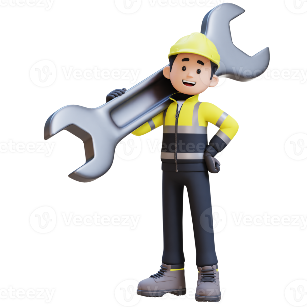 3D Construction Worker Character Carrying Big Wrench on Shoulder png