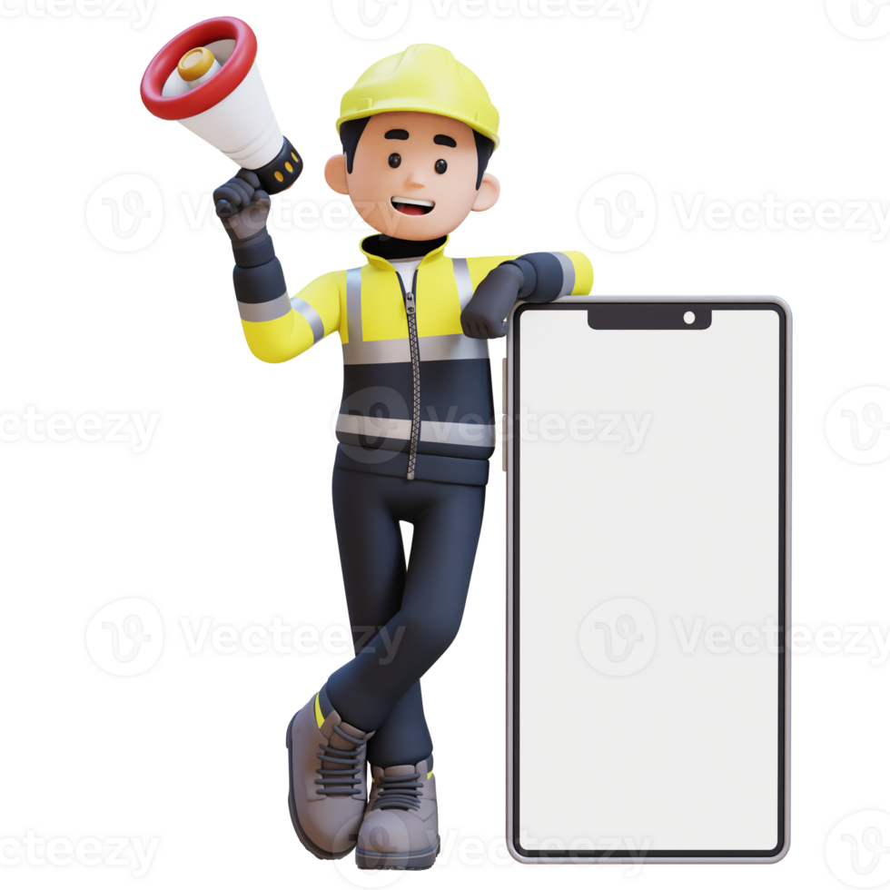 3D Construction Worker Character Holding Megaphone and Lying on Big Empty Phone Screen png