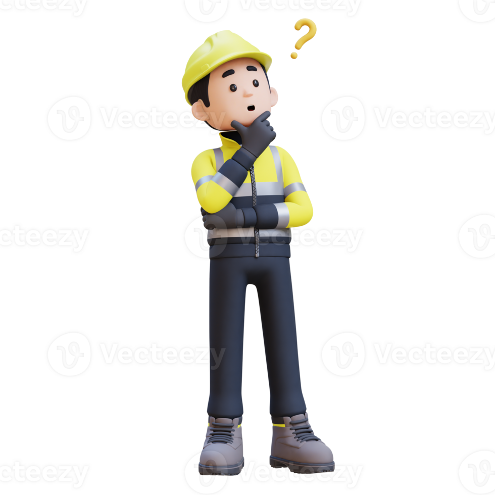 3D Construction Worker Character Confused and Thinking Pose png