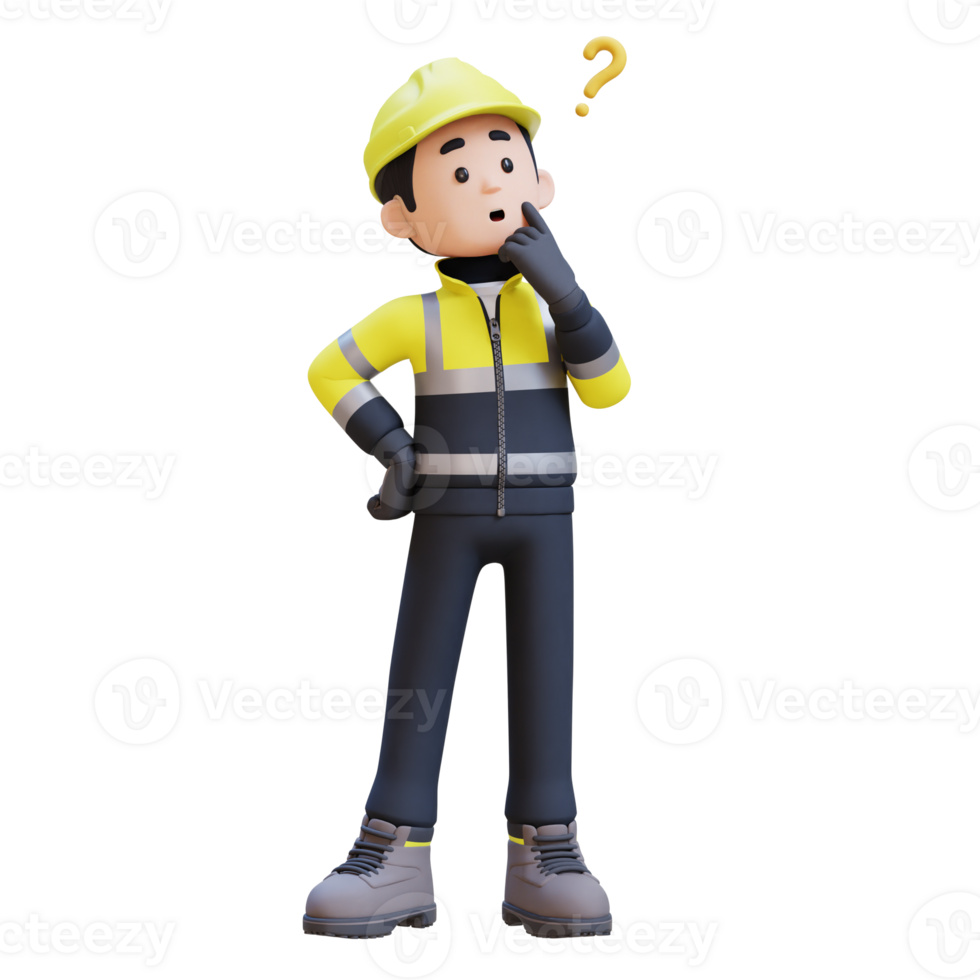 3D Construction Worker Character Confused and Thinking Pose png