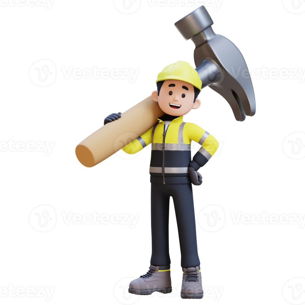 3D Construction Worker Character Carrying Big Hammer on Shoulder png