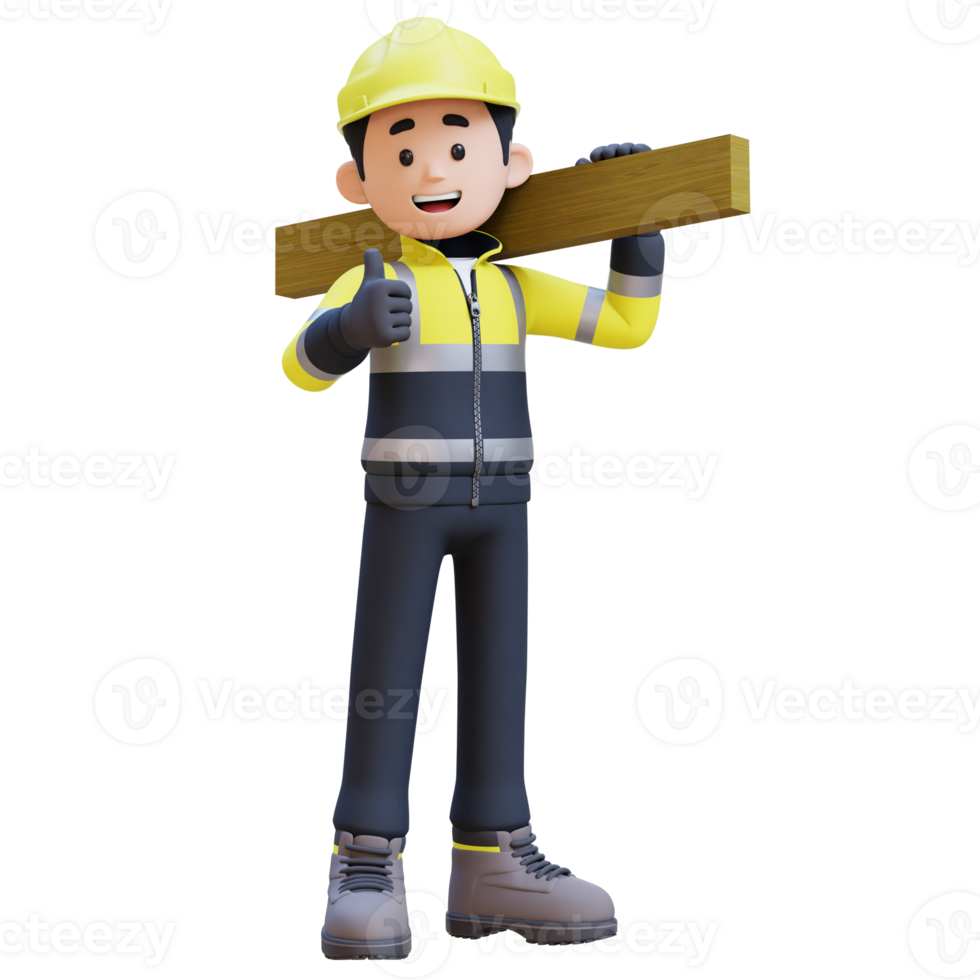 3D Construction Worker Character Carrying Wood Planks on Shoulder png