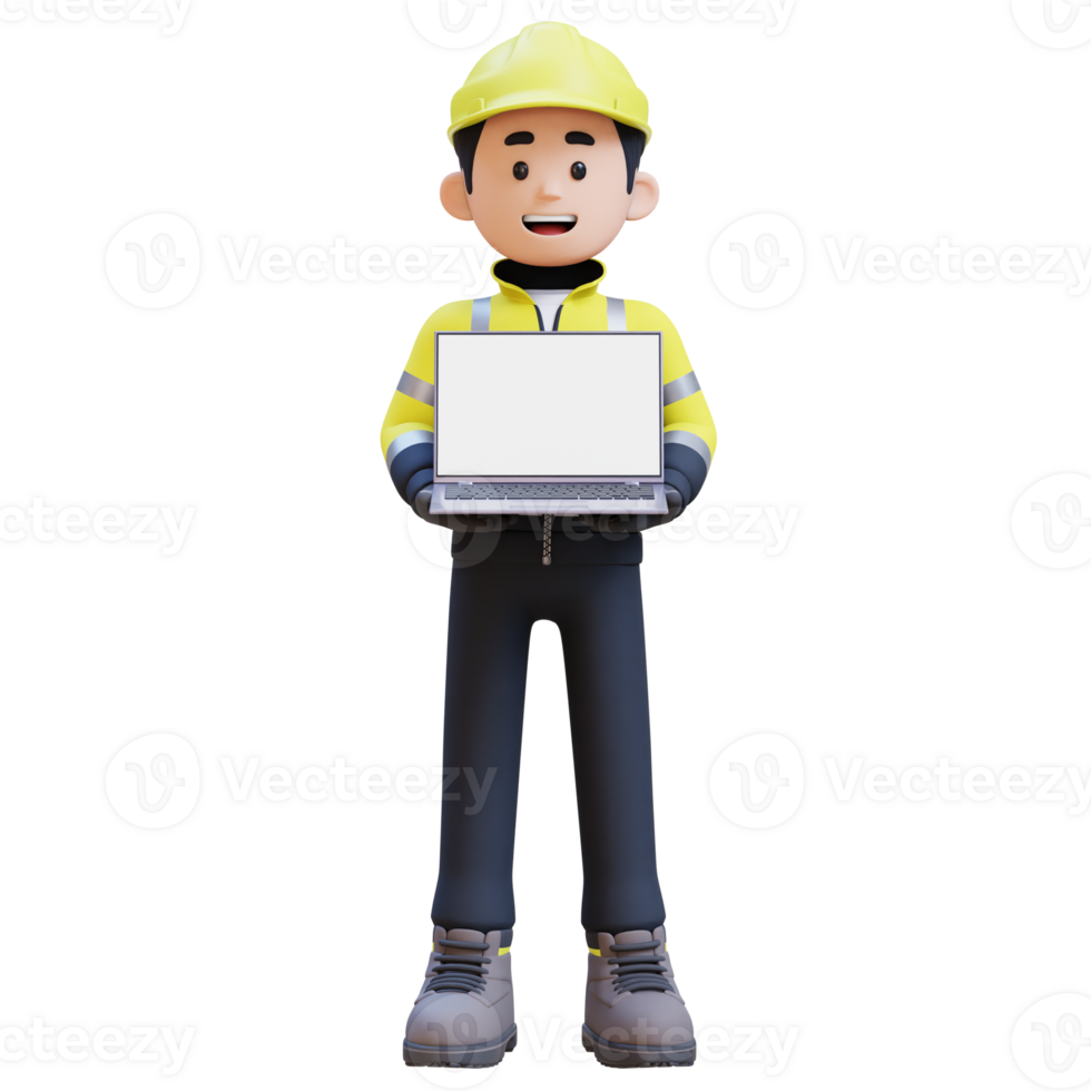 3D Construction Worker Character Holding Laptop with Empty Screen png