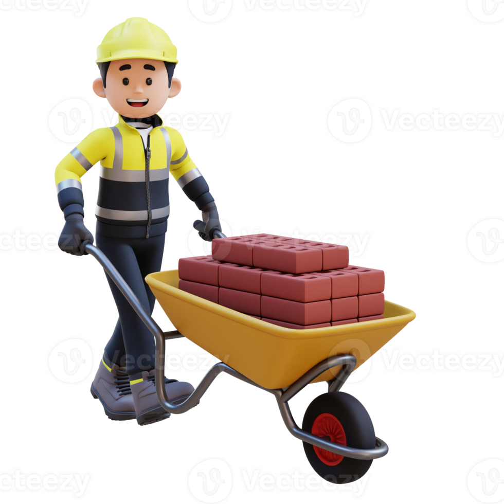 3D Construction Worker Character Carrying Bricks with Wheelbarrow png