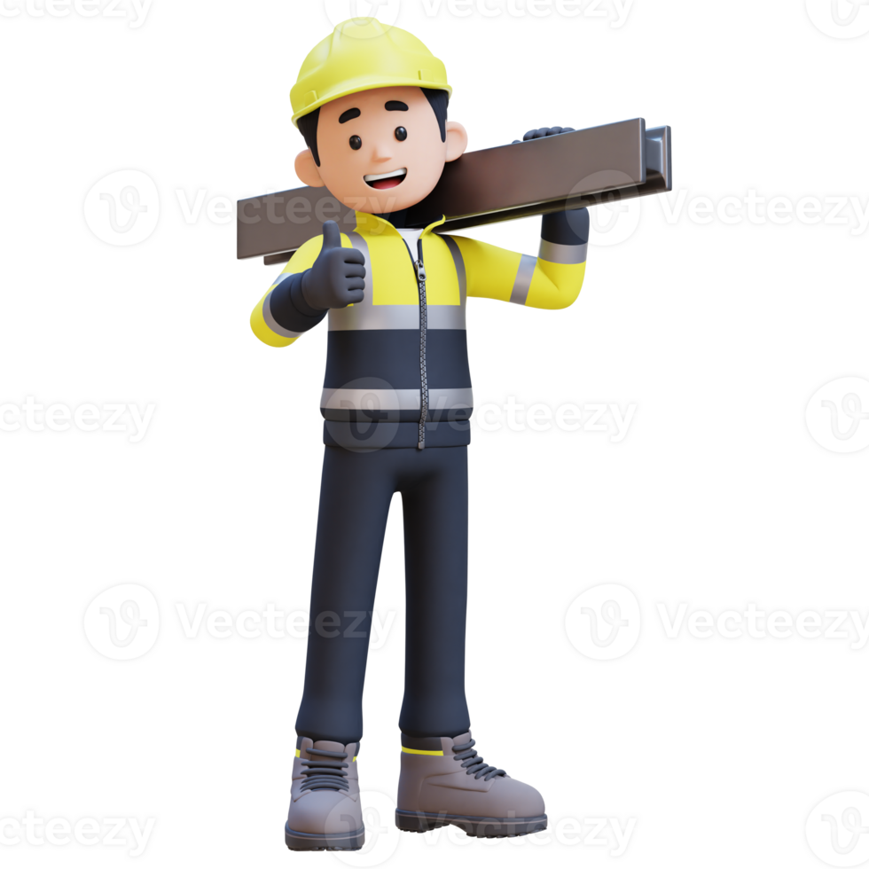 3d construction ouvrier personnage porter acier sur épaule png