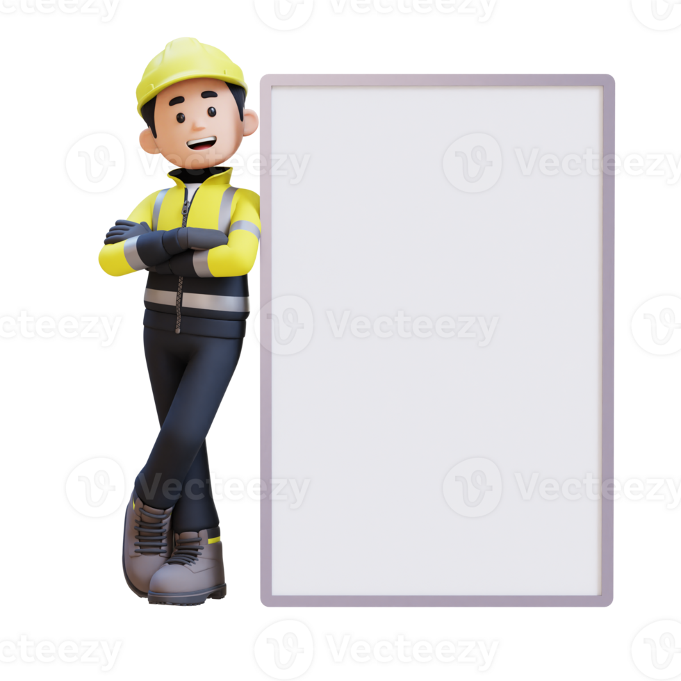 3D Construction Worker Character Lying on Blank Placard in Crossed Arm Pose png
