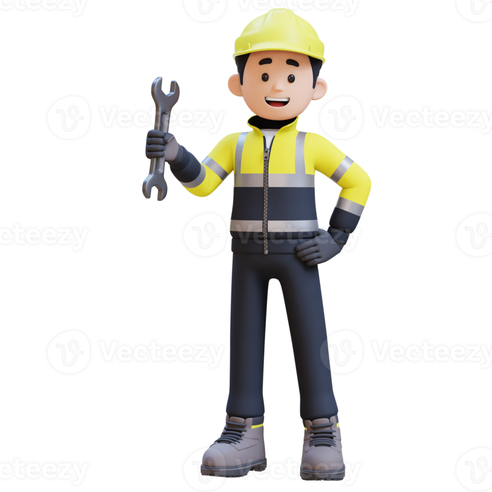 3D Construction Worker Character Holding Wrench in Confident Pose png