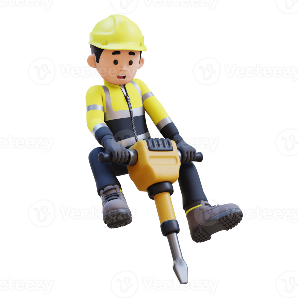 3D Construction Worker Character Working with Jackhammer png