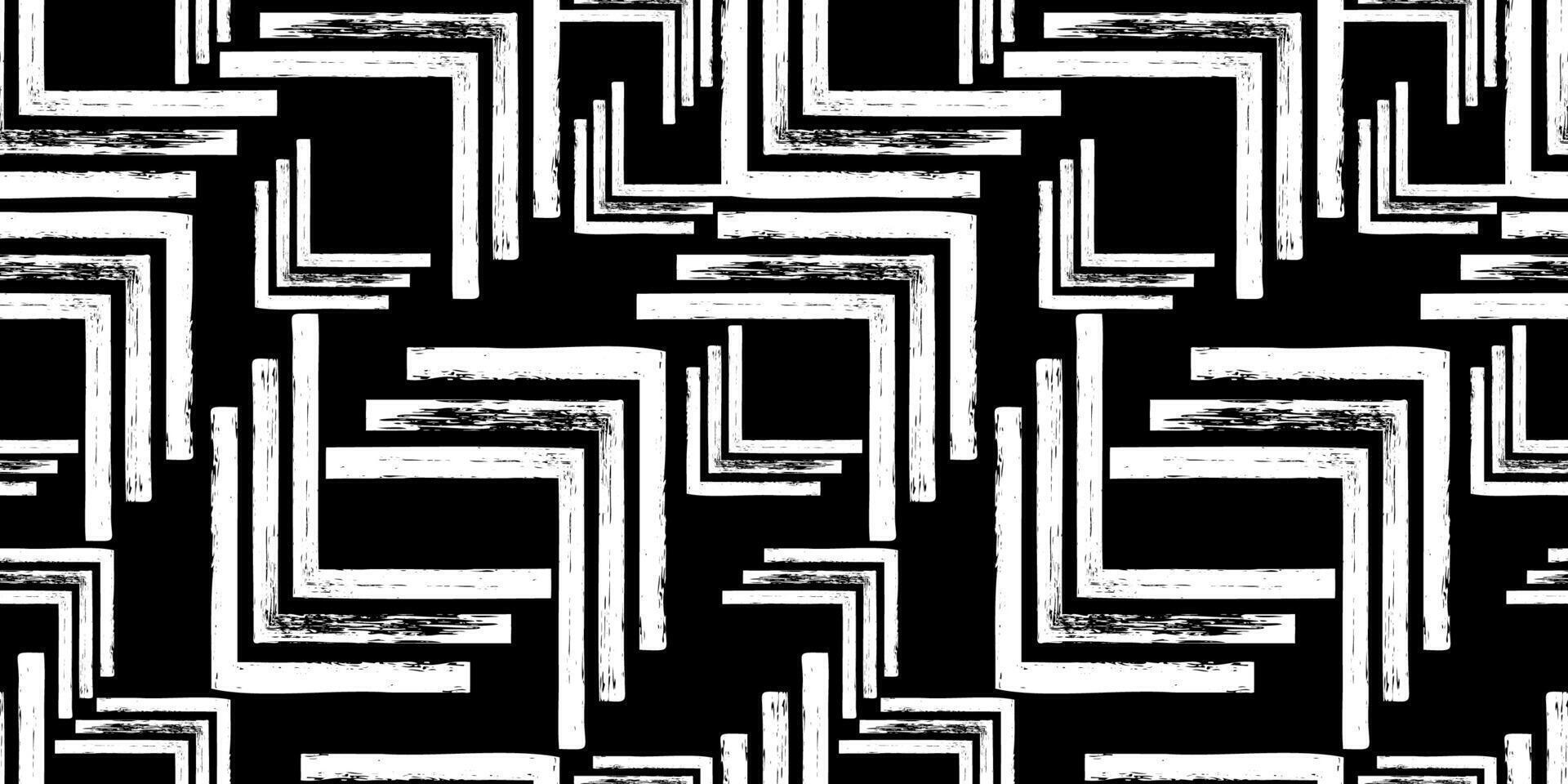 Abstract geometric seamless pattern with white textured lines on black. Repeated geometry brush strokes texture. Great for textile, fabric, wallpaper, wrapping, scrapbook and packaging vector