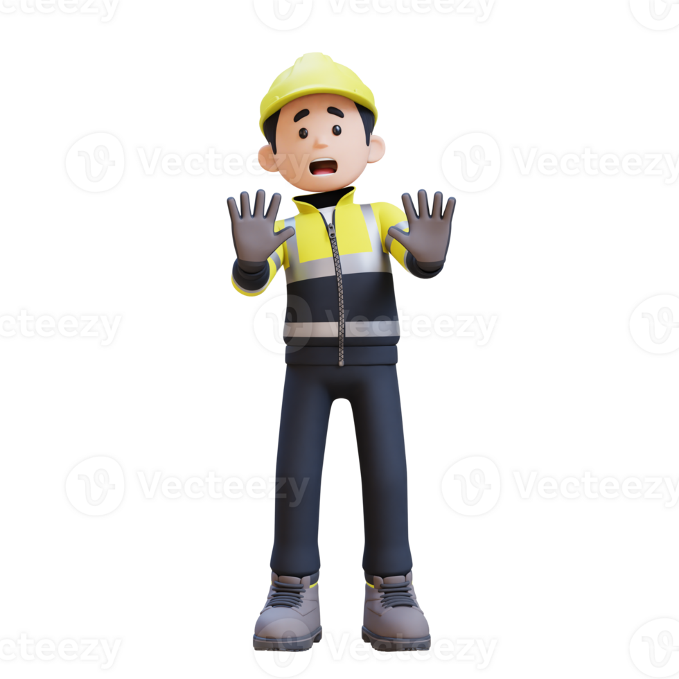 3D Construction Worker Character Fear and Denial Poses png
