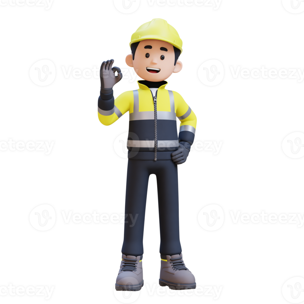 3D Construction Worker Character with OK Sign Hand Pose png