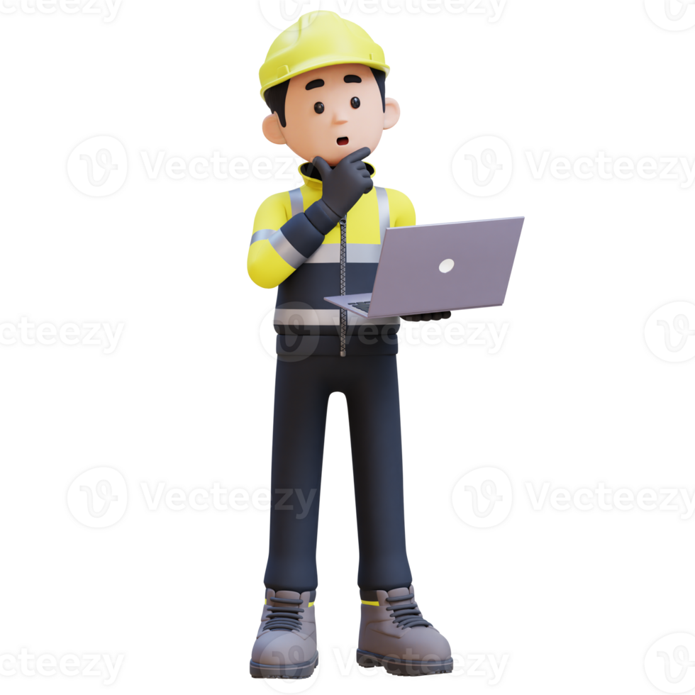 3D Construction Worker Character Thinking While Working on a Laptop png