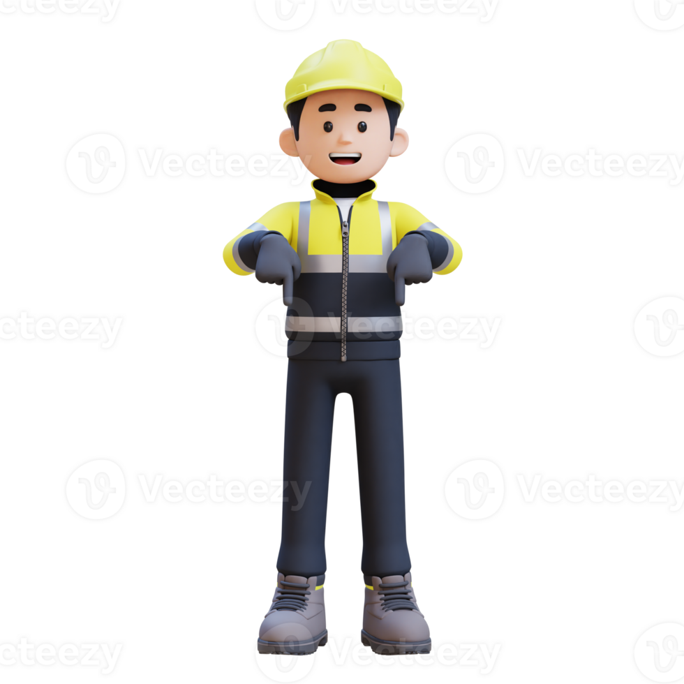 3D Construction Worker Character Pointing Downward png
