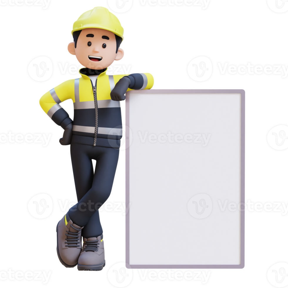 3D Construction Worker Character Lying on Blank Placard png