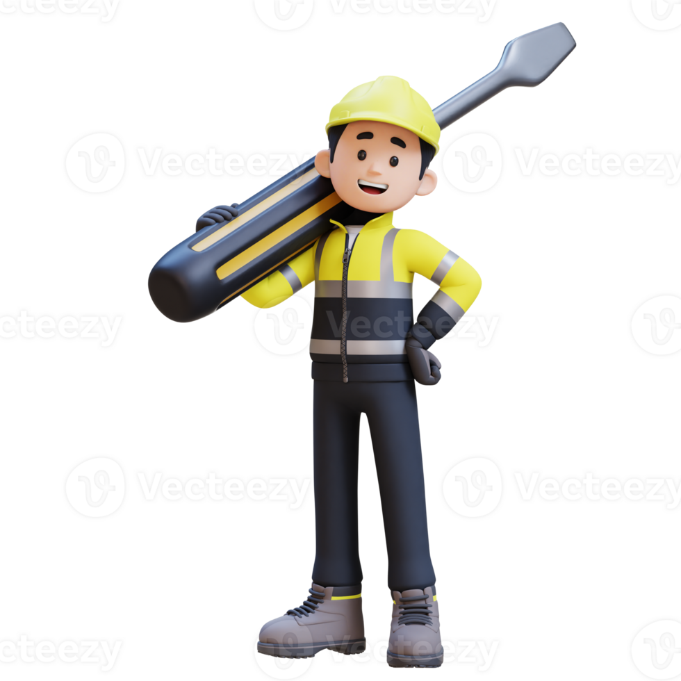 3D Construction Worker Character Carrying Big Screwdriver on Shoulder png
