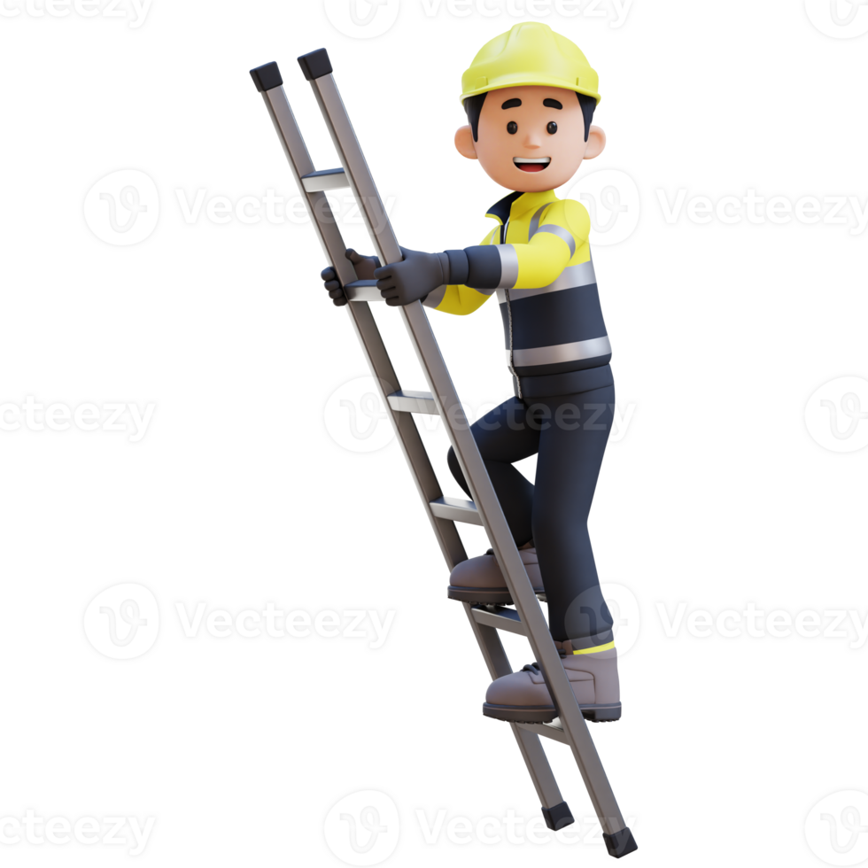 3D Construction Worker Character Climbs the Ladder png
