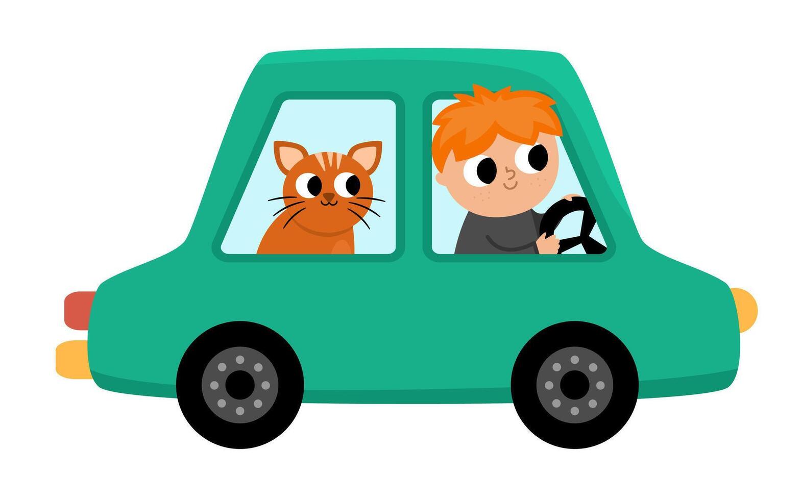 green car with driver and cat. Funny automobile for kids with boy and pet. Cute vehicle clip art with passenger. Retro transport icon isolated on white background vector