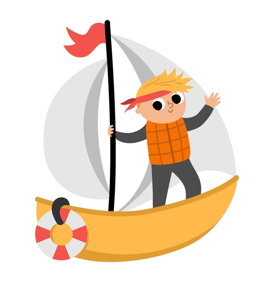 yellow yacht with sails, life circle and sailor. Water transport icon. Funny nautical transportation boat clipart for kids. Cute marine vehicle icon isolated on white background for children vector