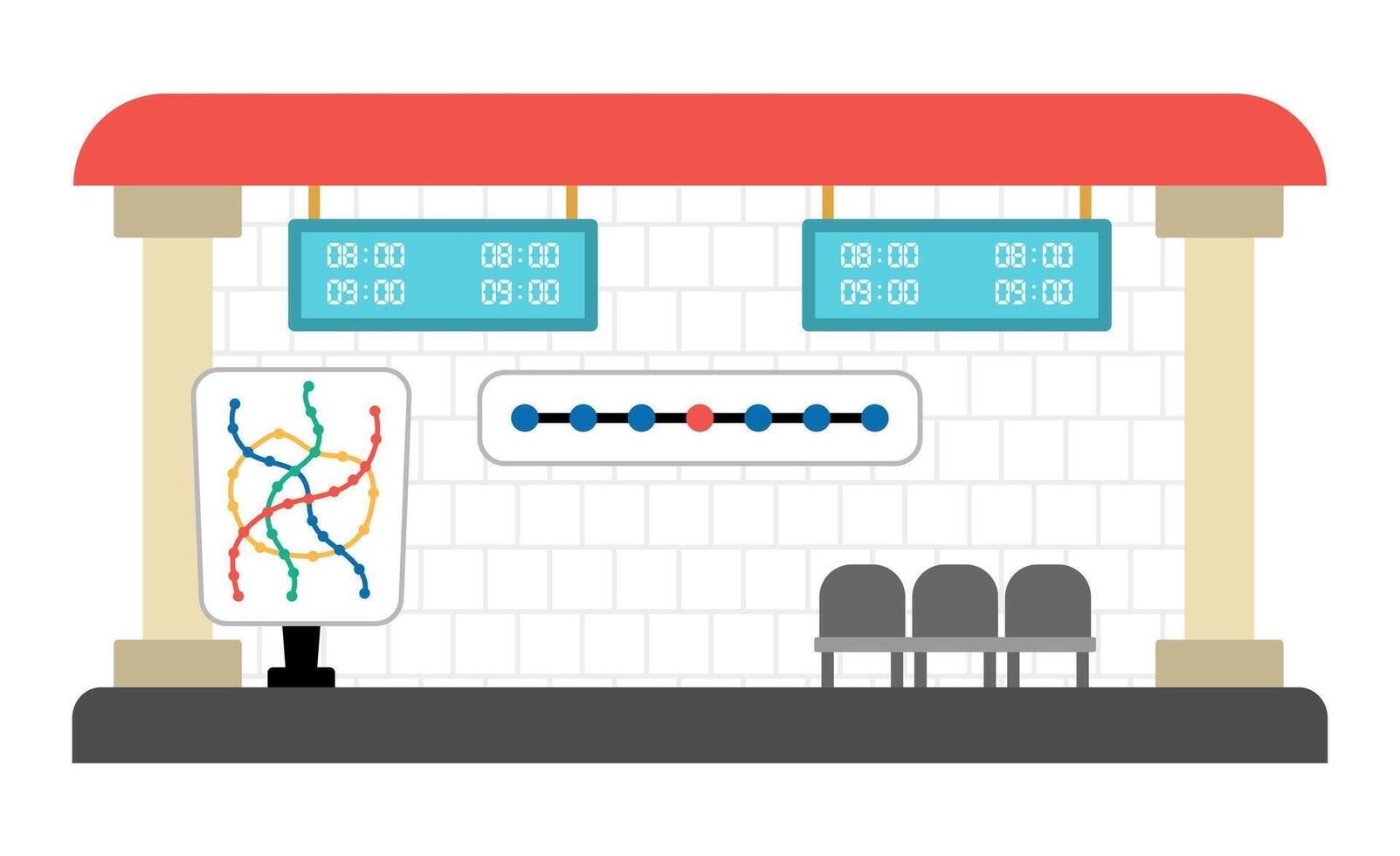 metro station icon. Cartoon underground stop. City subway transportation clipart with timetable chairs and map. Cute comfortable destination point vector