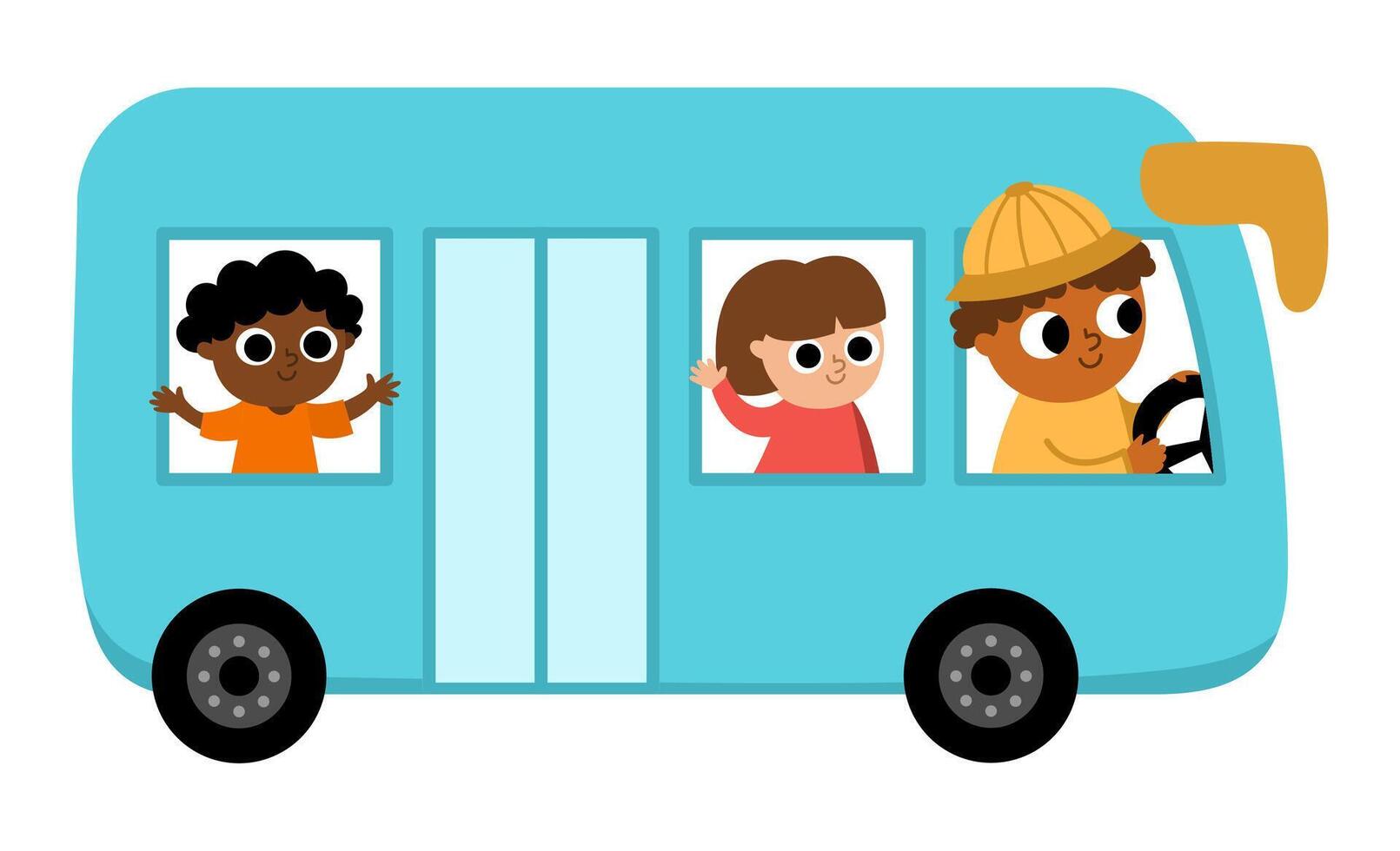 blue bus with driver and passengers. Funny autobus for kids with cute boy and girl. Cute vehicle clip art. Public transport icon isolated on white background vector
