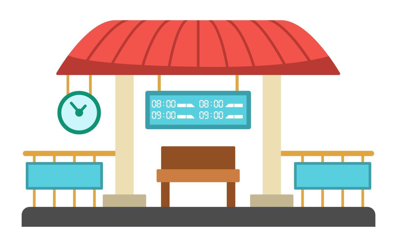 railway station icon. Railroad train waiting place. City or countryside transportation clipart with clock, bench, roof and timetable. Cute comfortable destination point for town map vector