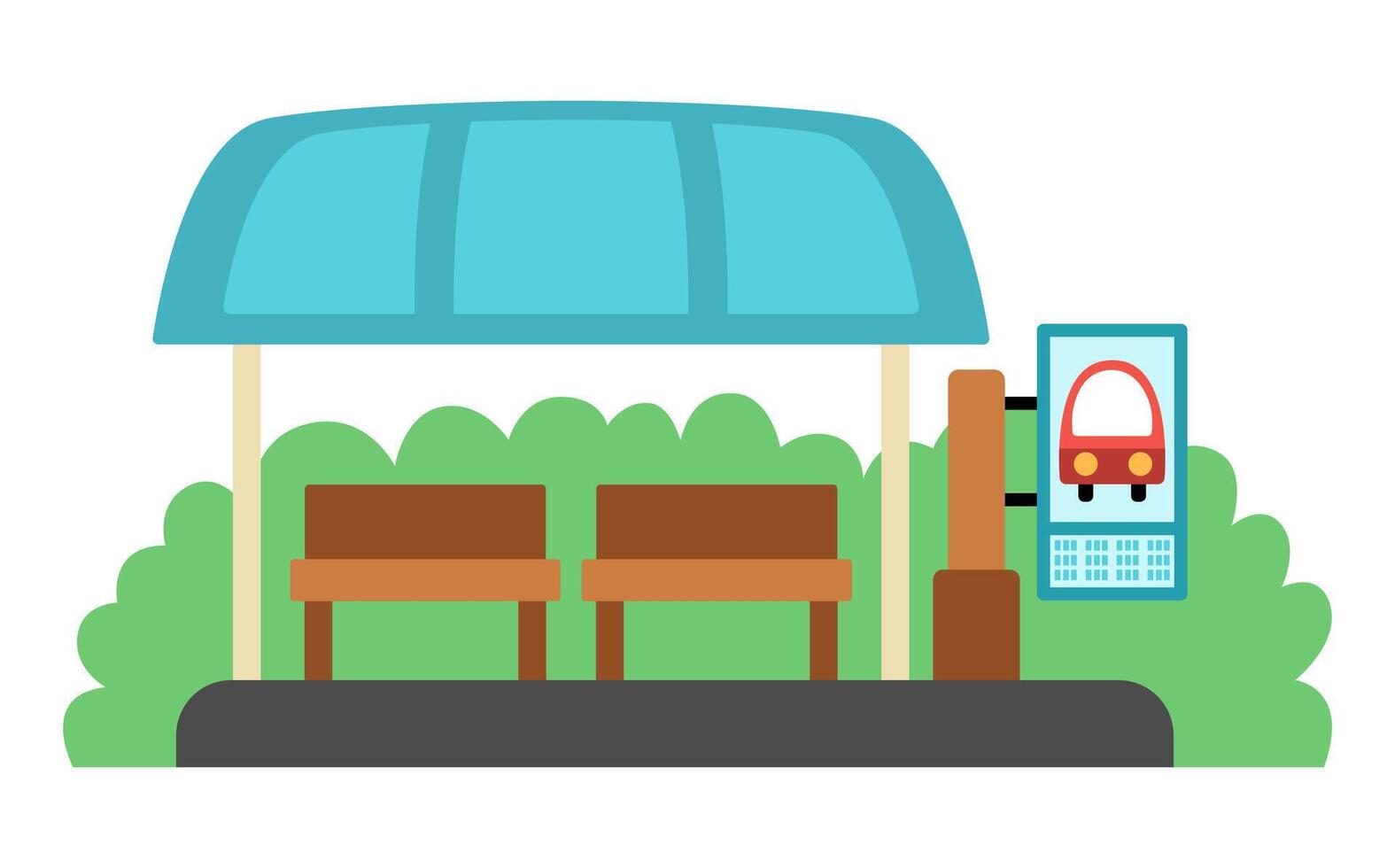 bus stop icon. Cartoon public transport waiting station. City or countryside transportation clipart with greenery, benches, roof and timetable. Cute comfortable destination point for town map vector