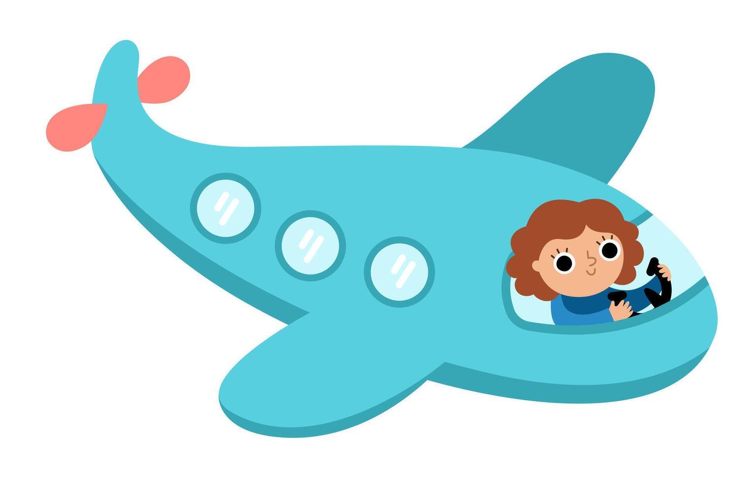 blue plane with girl pilot icon. Air transport for kids. Funny transportation clip art for children. Cute airplane vehicle isolated on white background vector