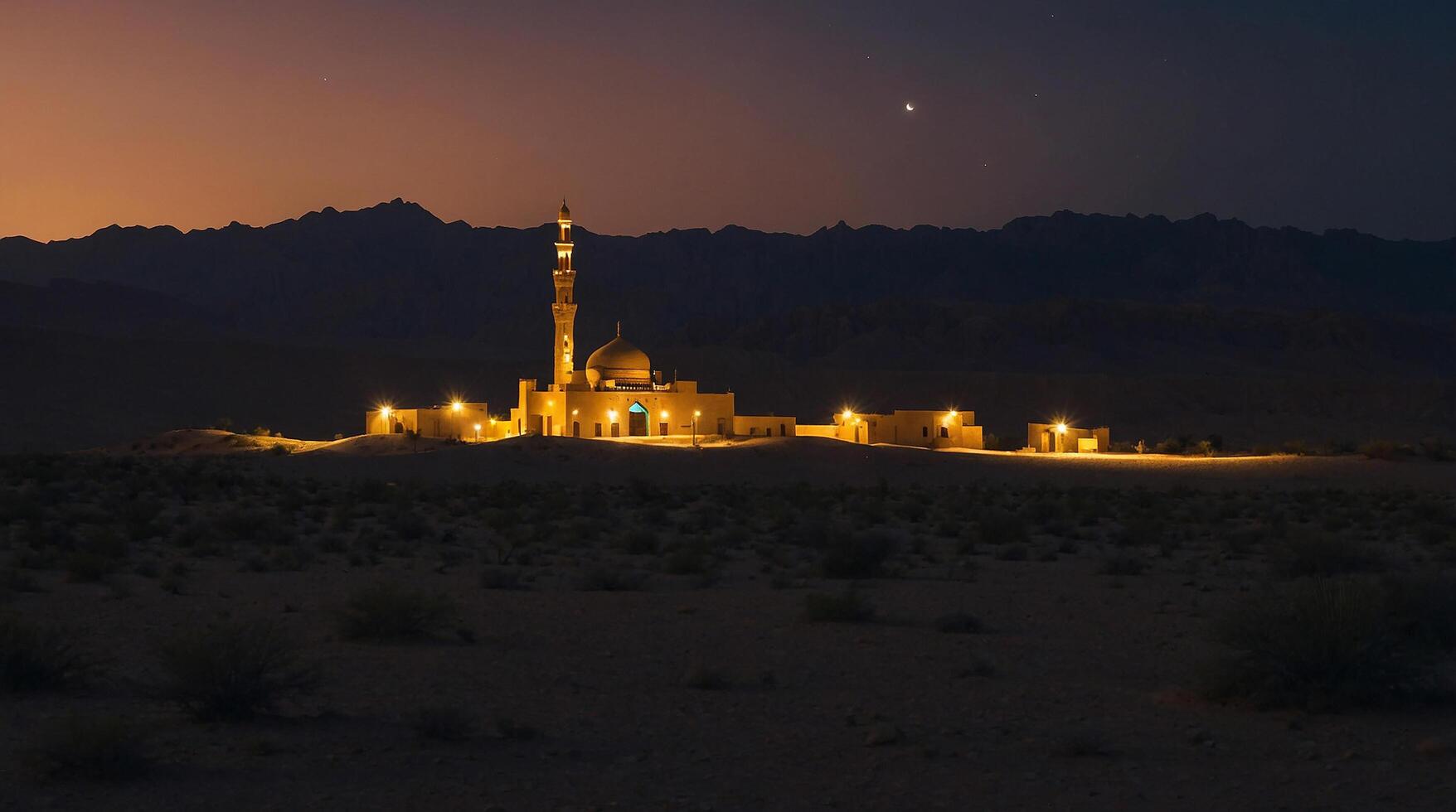 small mosque in the middle of the desert at night photo