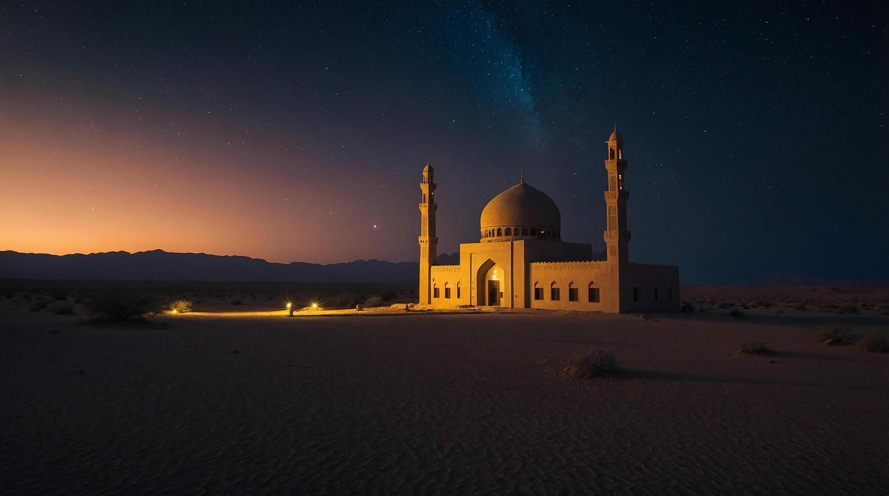 small mosque in the middle of the desert at night photo