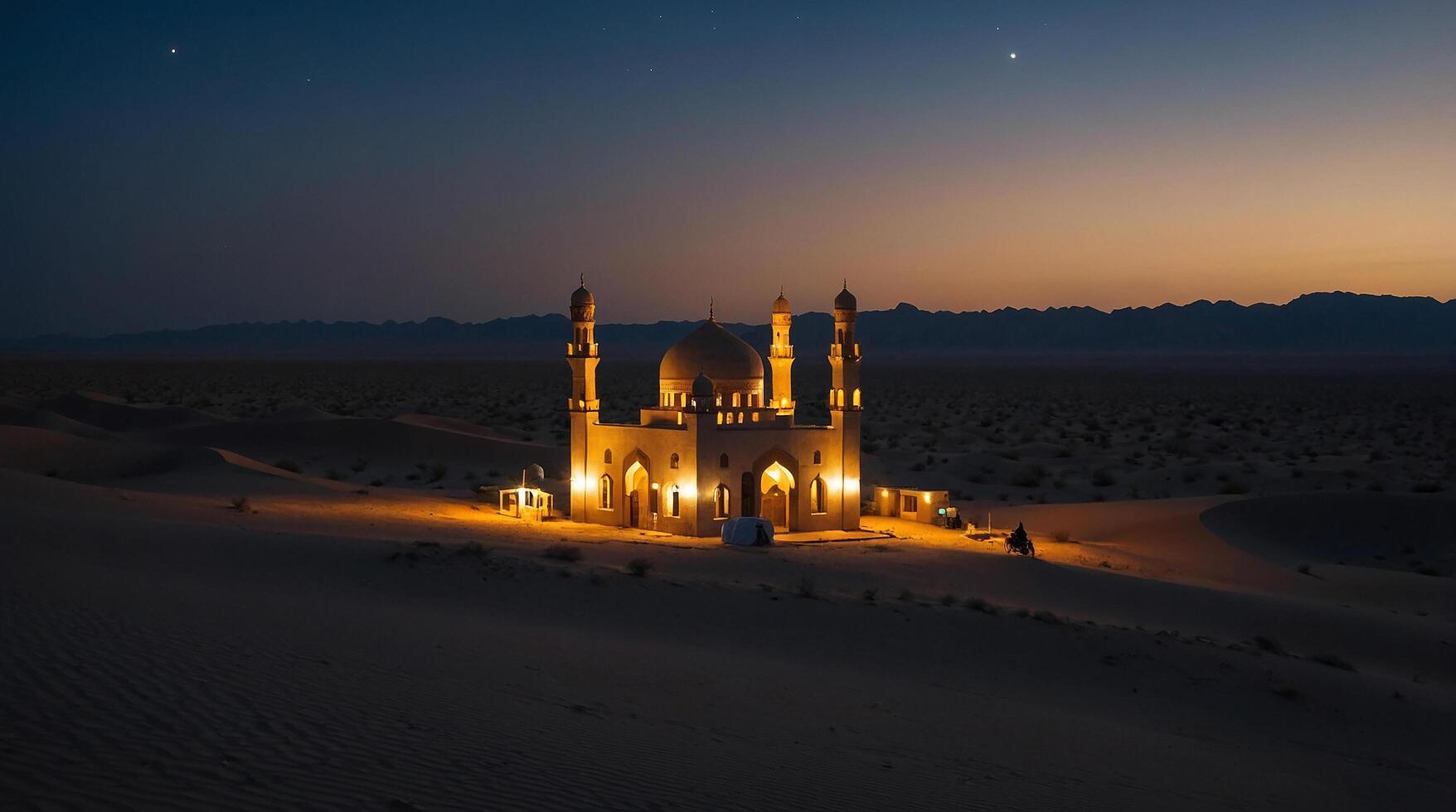 small mosque in the middle of the desert at night photo