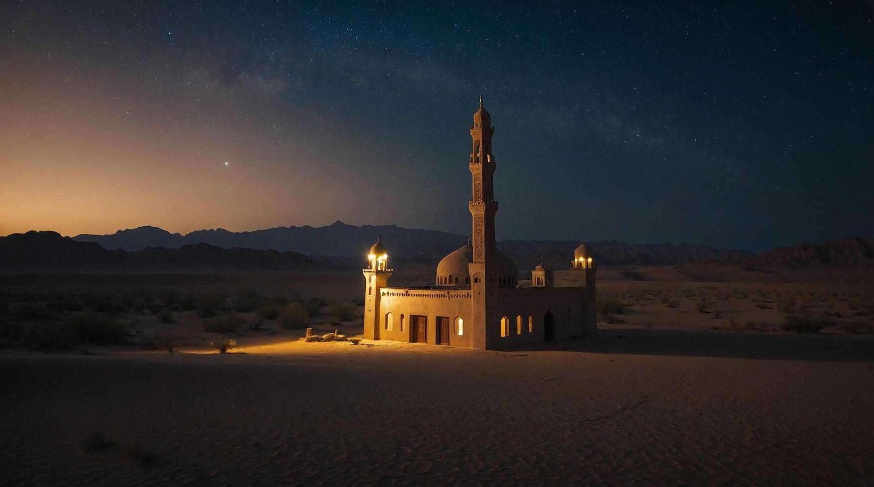 small mosque in the middle of the desert at night photo