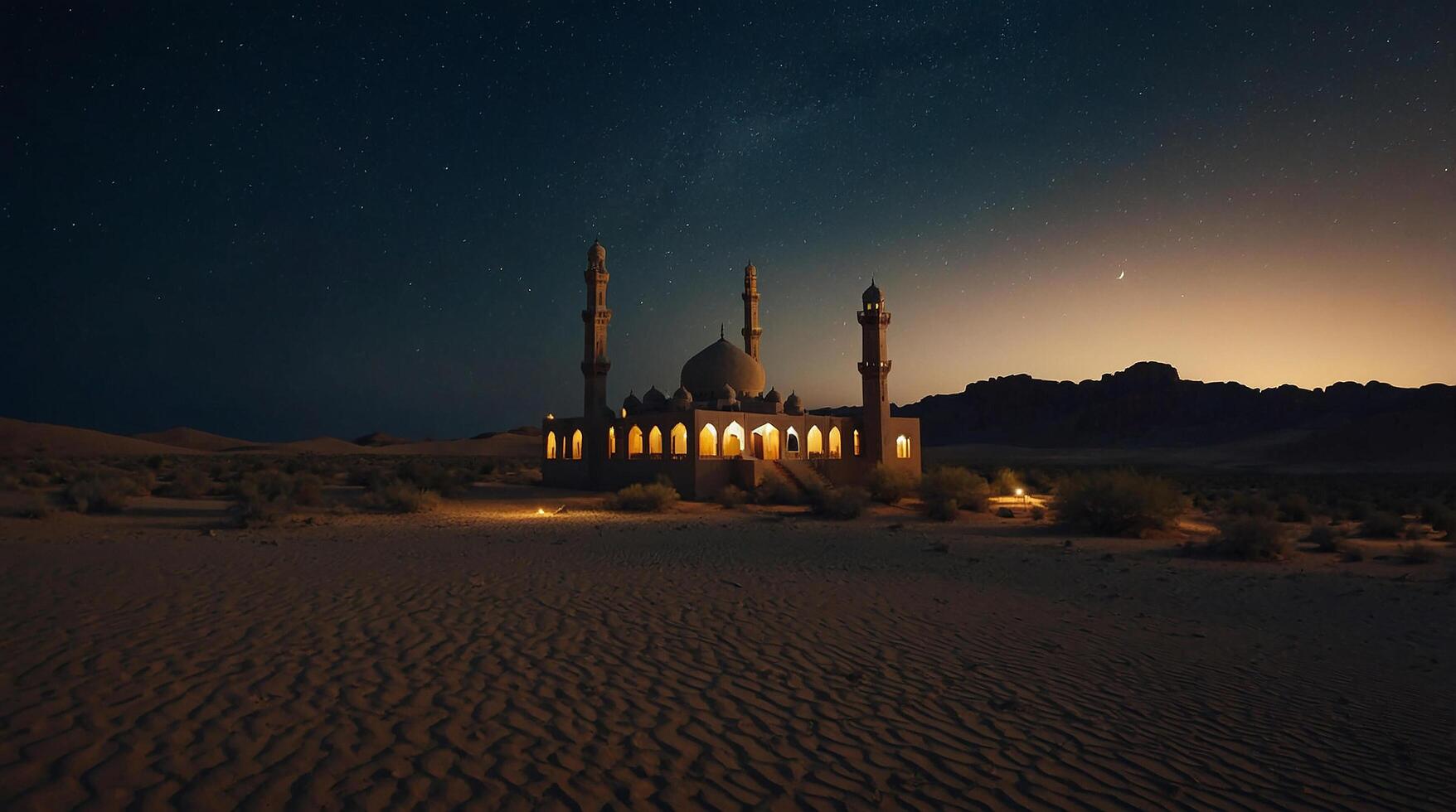 small mosque in the middle of the desert at night photo