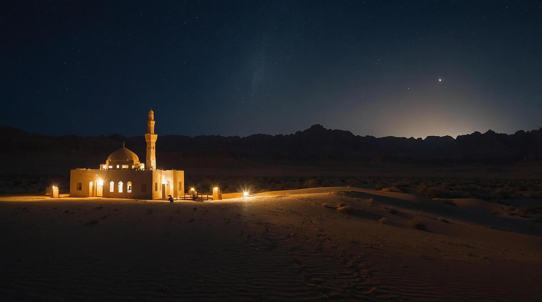 small mosque in the middle of the desert at night photo