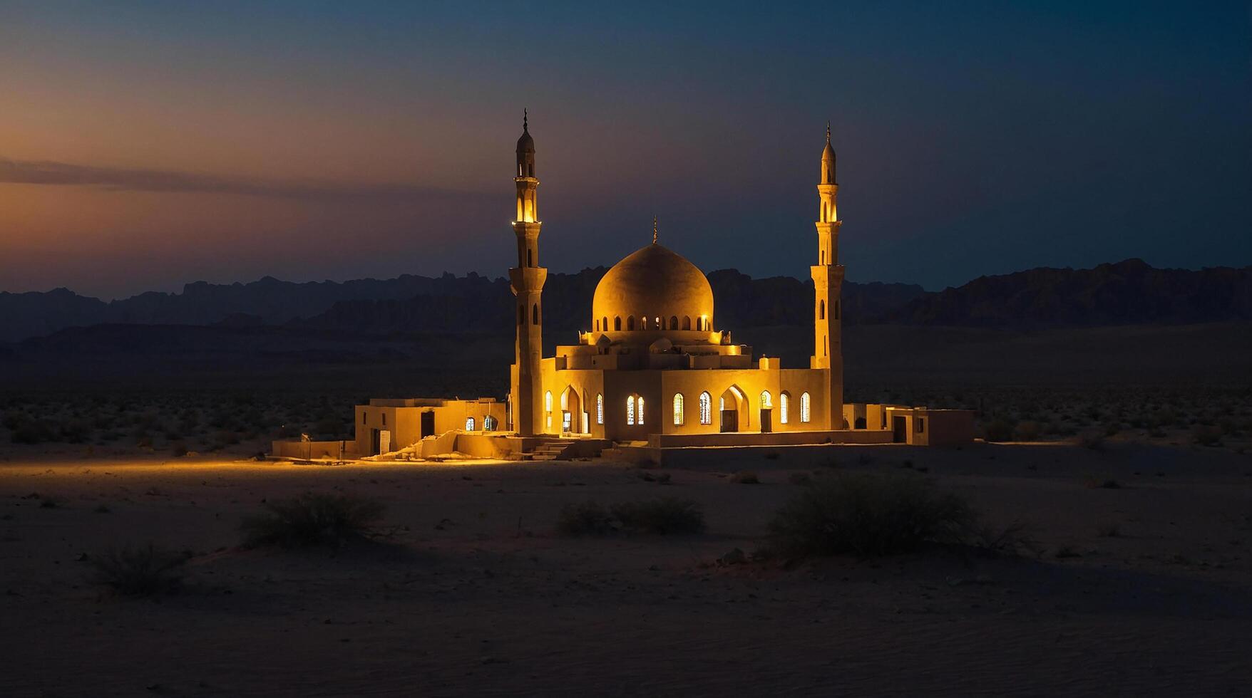 small mosque in the middle of the desert at night photo