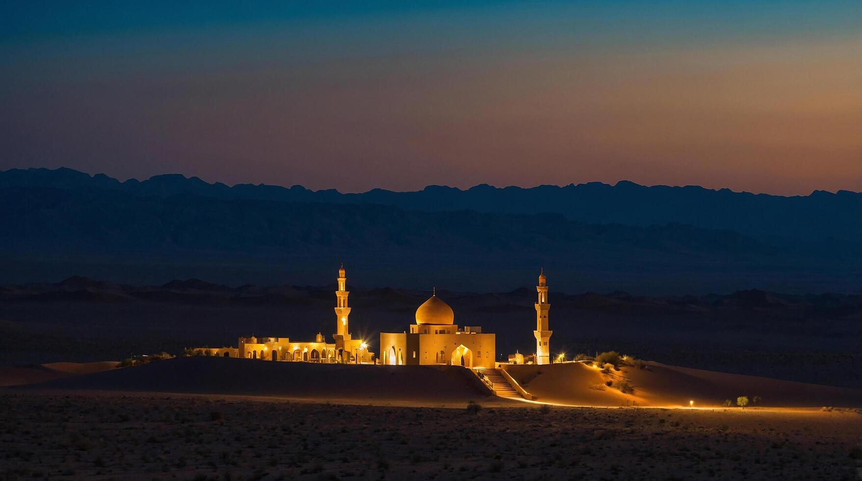 small mosque in the middle of the desert at night photo