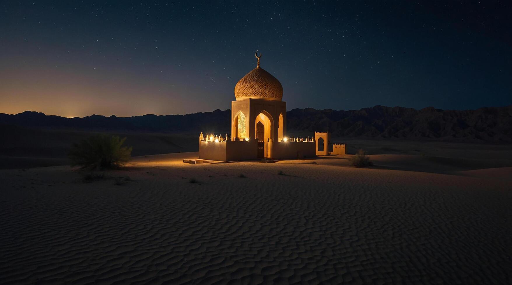 small mosque in the middle of the desert at night photo