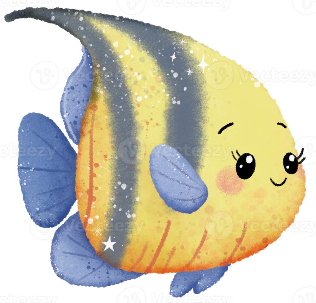 Watercolor Hand drawn illustration underwater animals cute angelfish marine wild life children clip art for textile, decoration, posters, inviation, greeting cards png