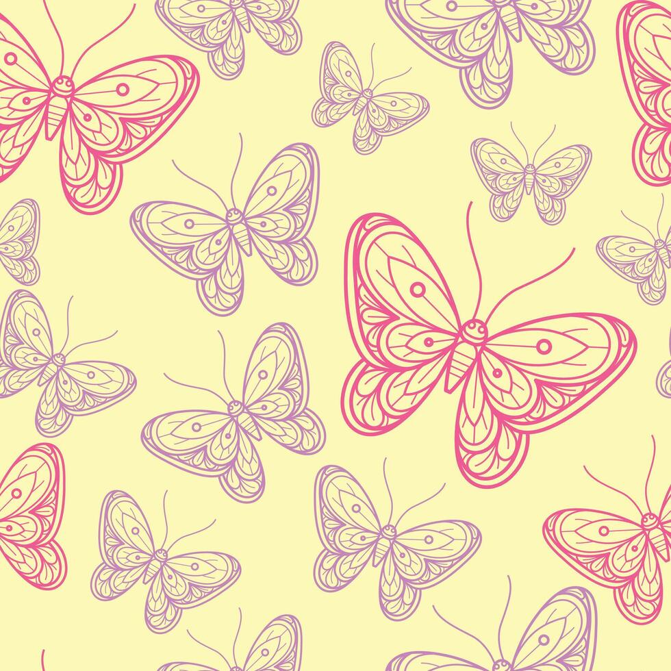 Pink butterfly on yellow background pattern. Seamless pattern background. vector