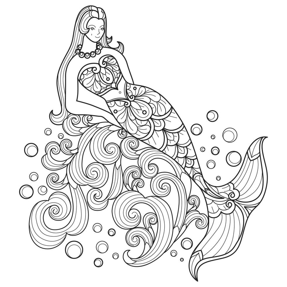 Cute mermaid hand drawn for adult coloring book vector