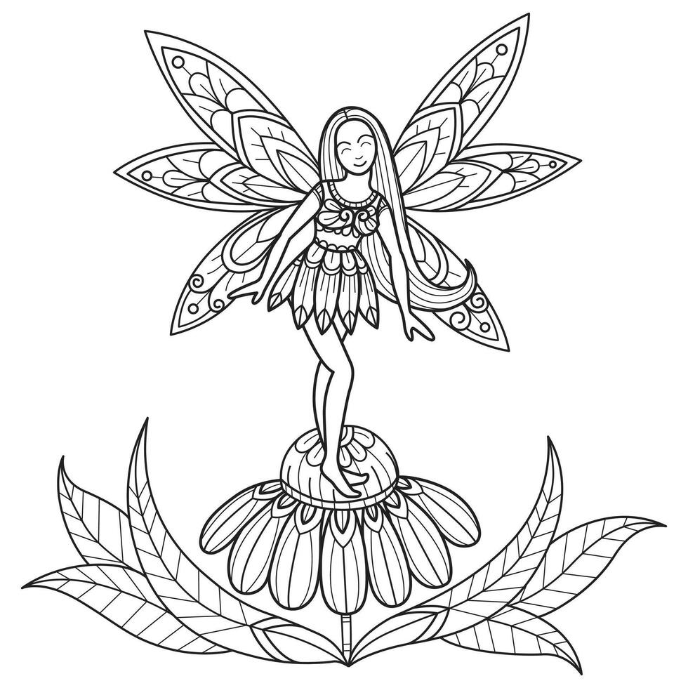 Fairy on flower hand drawn for adult coloring book vector