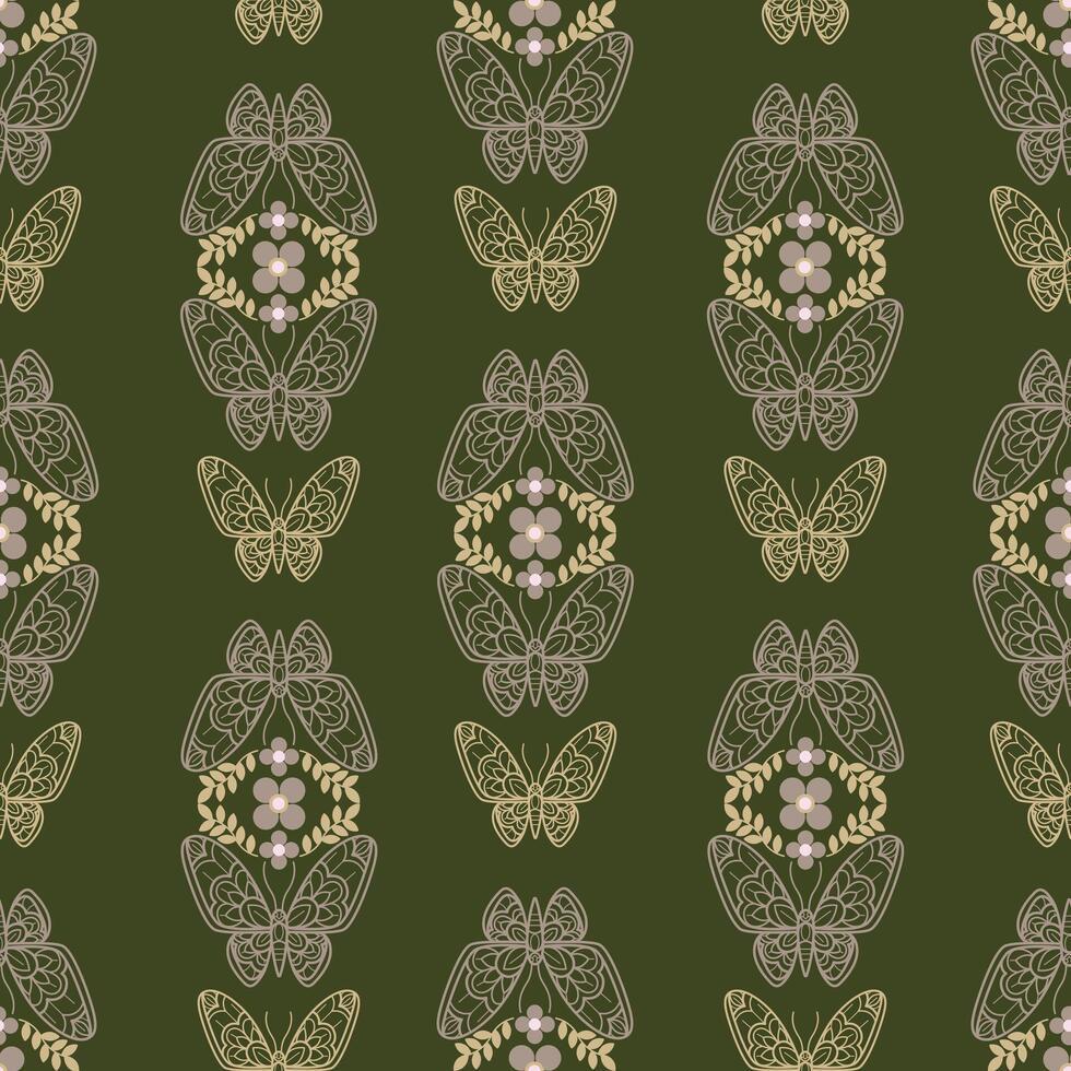 Butterfly and flower on green background pattern. Seamless pattern background. vector