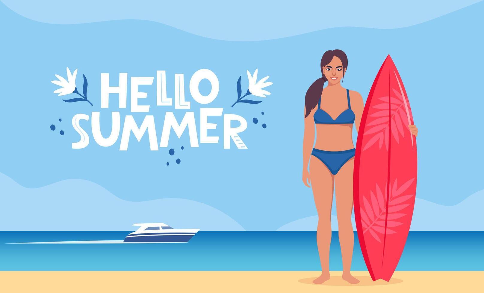 Young woman surfer with surfboard standing on the beach. Seashore and Hello Summer lettering. Concept of adventure, journey, summer trip. Illustration. vector